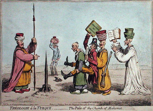 Theologie a la Turque, The Pale of the Church Mahomet, utgitt av Hannah Humphrey i 1799 (håndfarget etsning) av James Gillray