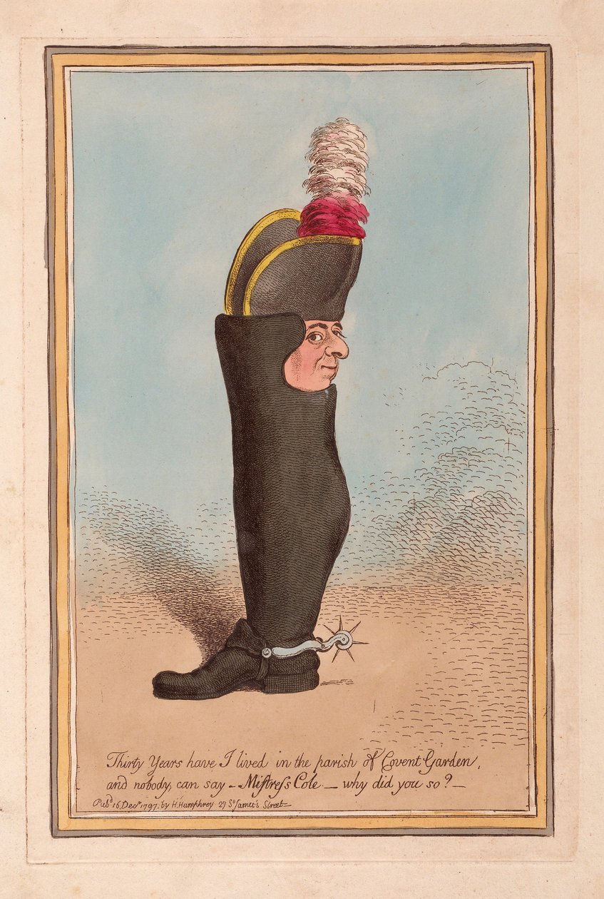 Tretti år har jeg bodd i Parish of Covent Garden, og ingen kan si- Mistress Cole, hvorfor gjorde du det?, pub. 1797 (håndfarget gravering) av James Gillray
