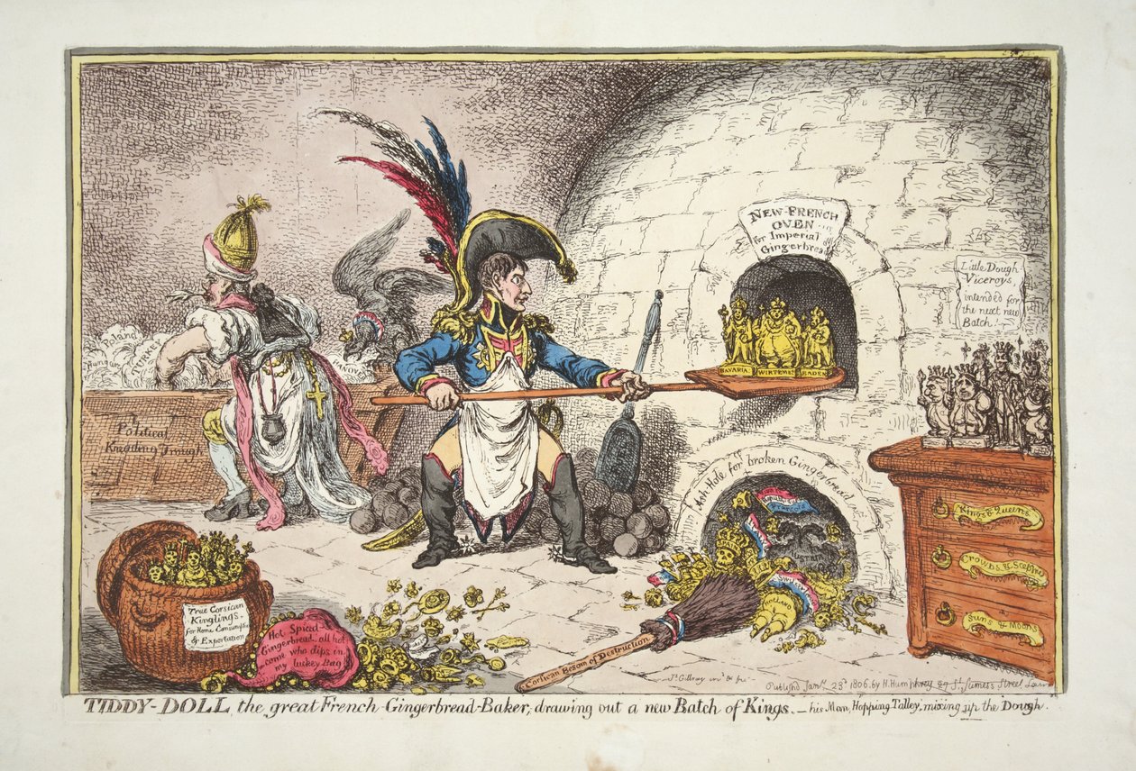 Tiddy-Doll, den store franske pepperkakebakeren, tegner en ny gruppe konger. - hans Man Hopping Talley, blande sammen deigen, pub. 1806 (håndfarget gravering) av James Gillray