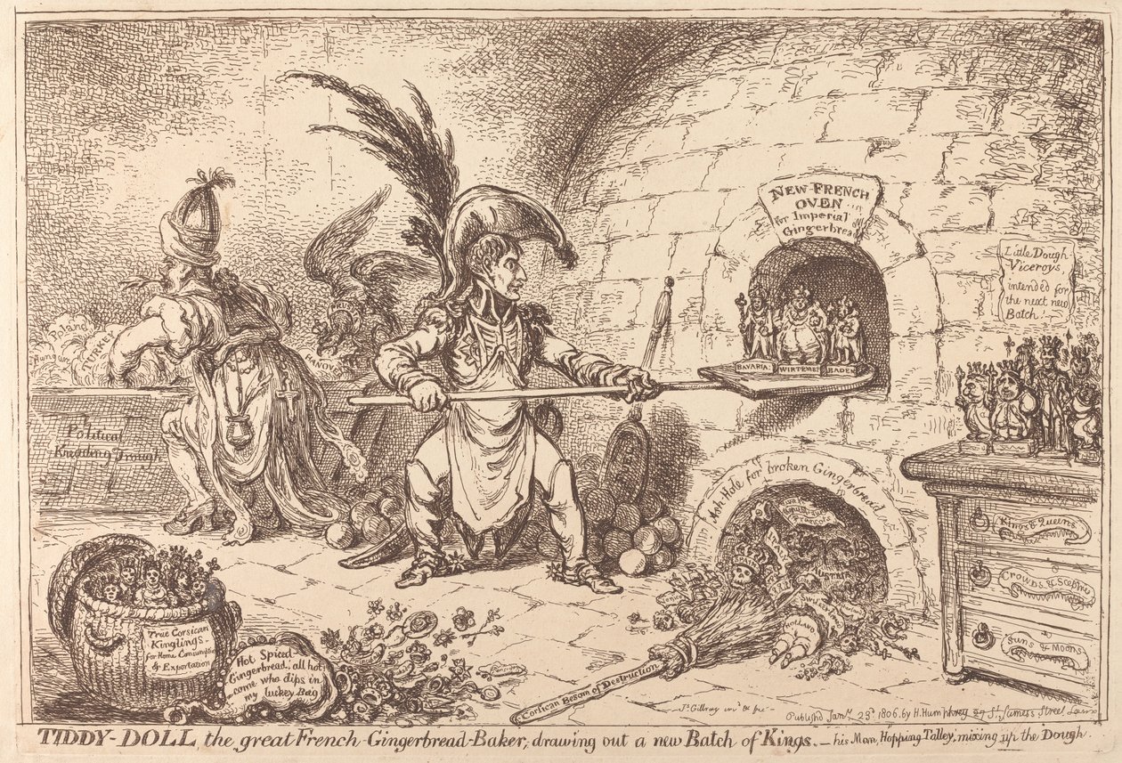 Tiddy-Doll, den store pepperkakebakeren, som trekker ut et nytt kull konger av James Gillray