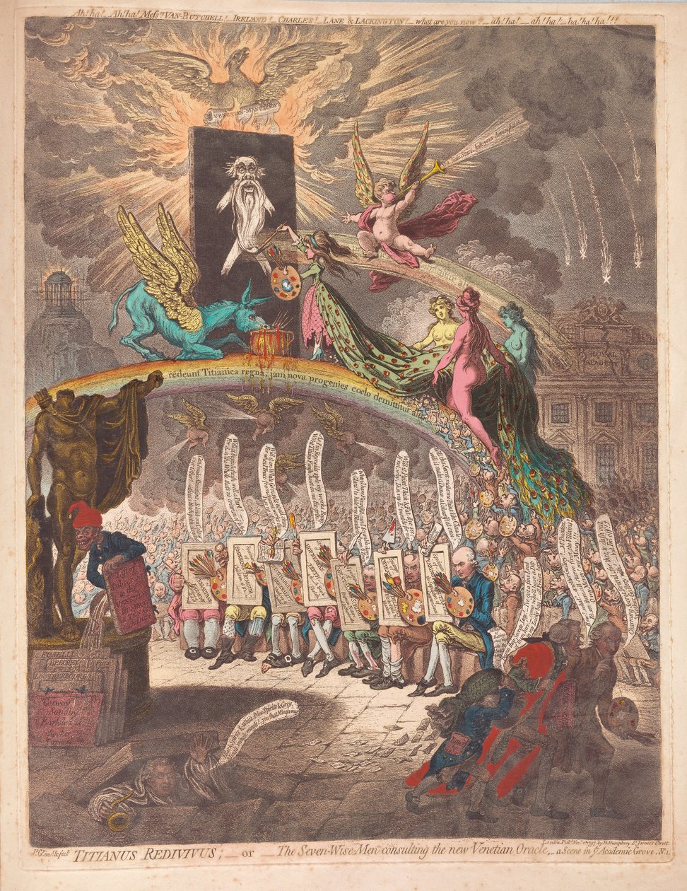 Titianus Redivivus eller de syv vise menn konsulterer det nye venetianske oraklet, en scene i Academic Grove No.1, pub. 1797 (håndfarget gravering) av James Gillray