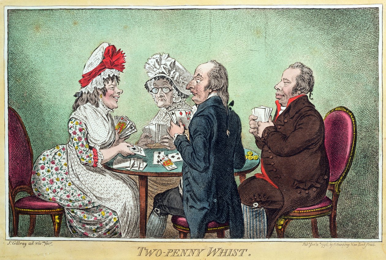 Two-Penny Whist, utgitt av Hannah Humphrey i 1796 (etsing, gravering, akvatint og wc på papir) av James Gillray