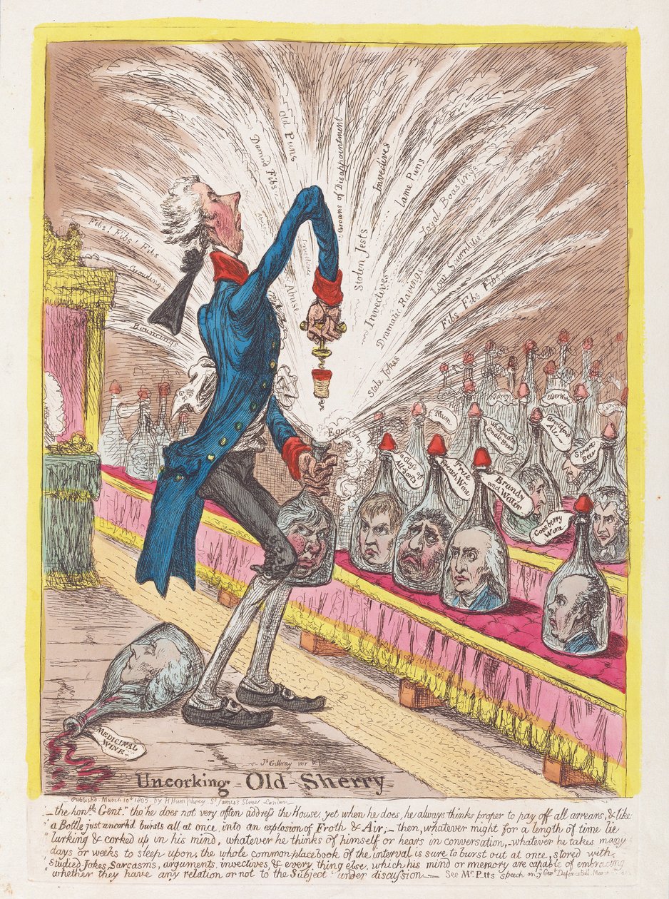 Uncorking Old Sherry, pub. 1805 (håndfarget gravering) av James Gillray