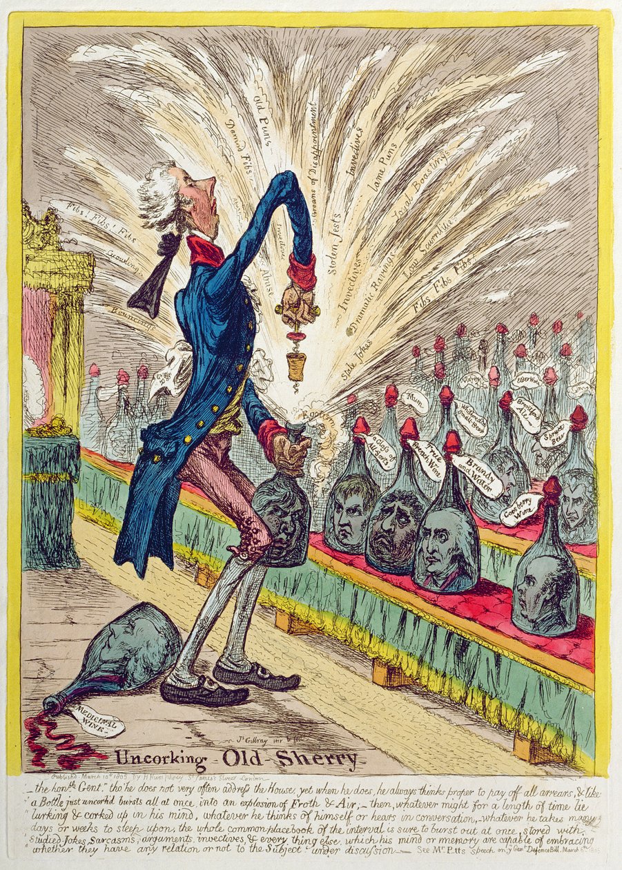 Uncorking Old Sherry, utgitt av Hannah Humphrey i 1805 (håndfarget etsning) av James Gillray