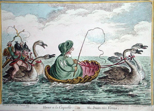 Venus a la Coquelle, eller The Swan Sea Venus, utgitt av Hannah Humphrey i 1809 (håndfarget etsning) av James Gillray