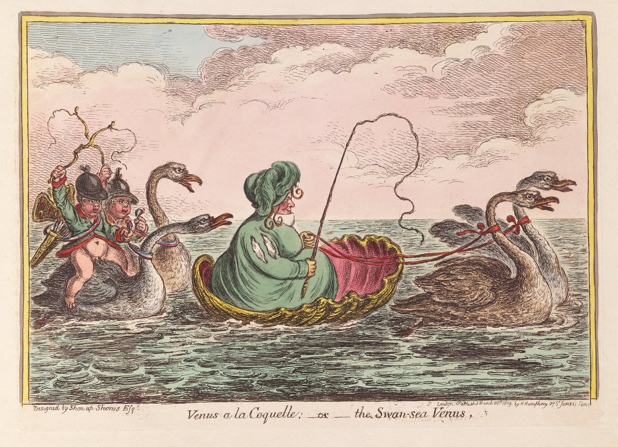 Venus a la Coquelle; eller Swan-Sea Venus, pub. 1809 (håndfarget gravering) av James Gillray