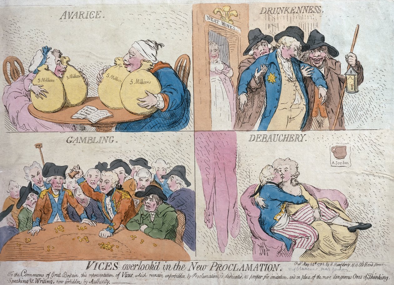 Vices Overlook'd in the New Proclamation, utgitt av Hannah Humphrey, 1792 (håndfarget etsning) av James Gillray