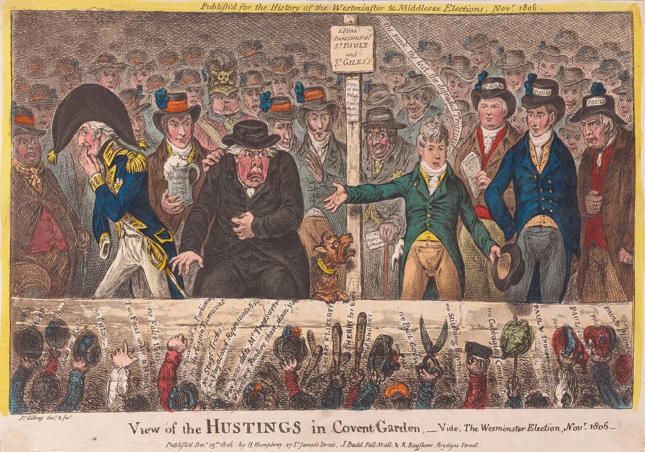 Utsikt over Hustings i Covent Garden - Westminster-valget november 1806, pub. 1806 (håndfarget gravering) av James Gillray