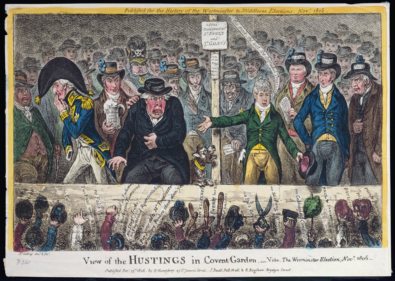View of the Hustings in Covent Garden, utgitt av Hannah Humphrey i 1806 (håndfarget etsning med akvatint) av James Gillray
