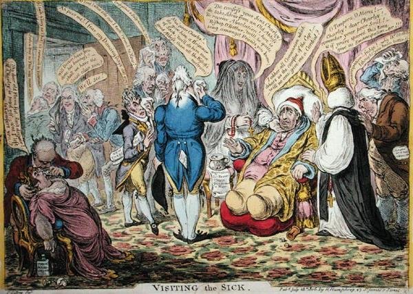 Visiting the Sick, utgitt av Hannah Humphrey i 1806 (håndfarget etsning) av James Gillray