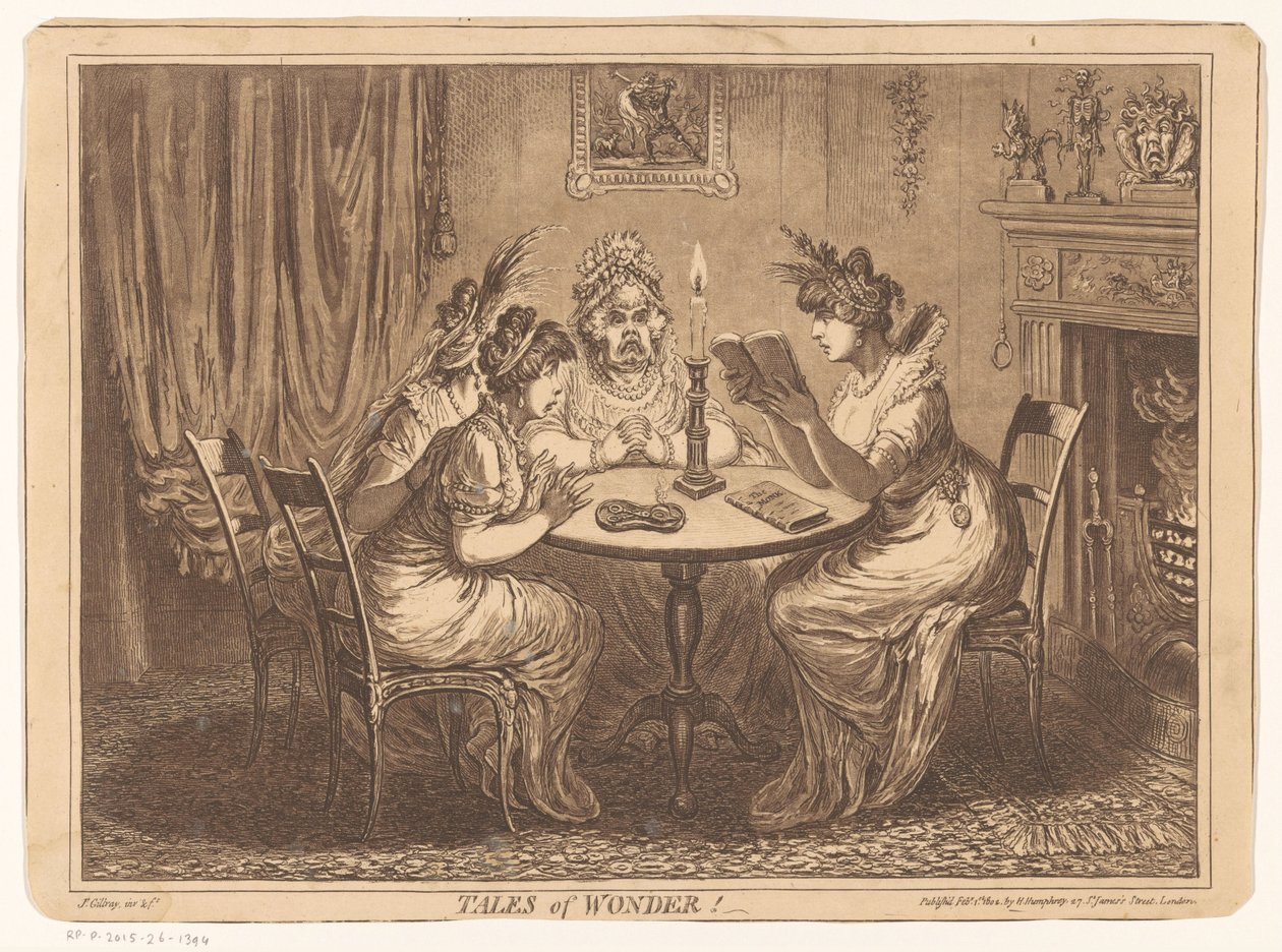 Kvinne leser en skrekkroman Fortellinger om vidunder! (tittel på objekt) av James Gillray