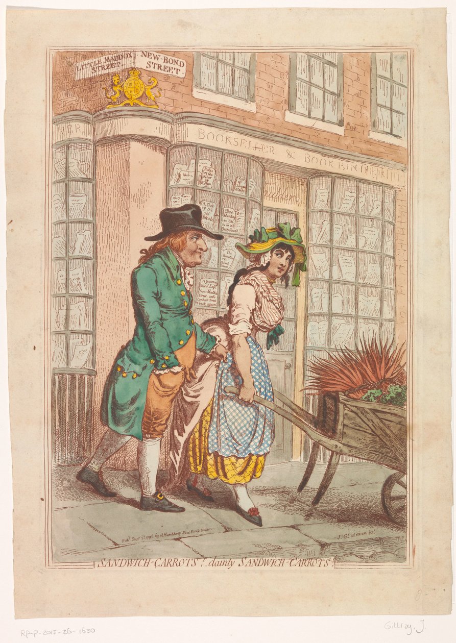Kvinne med trillebår med røtter foran butikkvinduet til bokhandler Robert Faulder i London Sandwich gulrøtter! lekre smørbrød-gulrøtter (tittel på objekt) av James Gillray