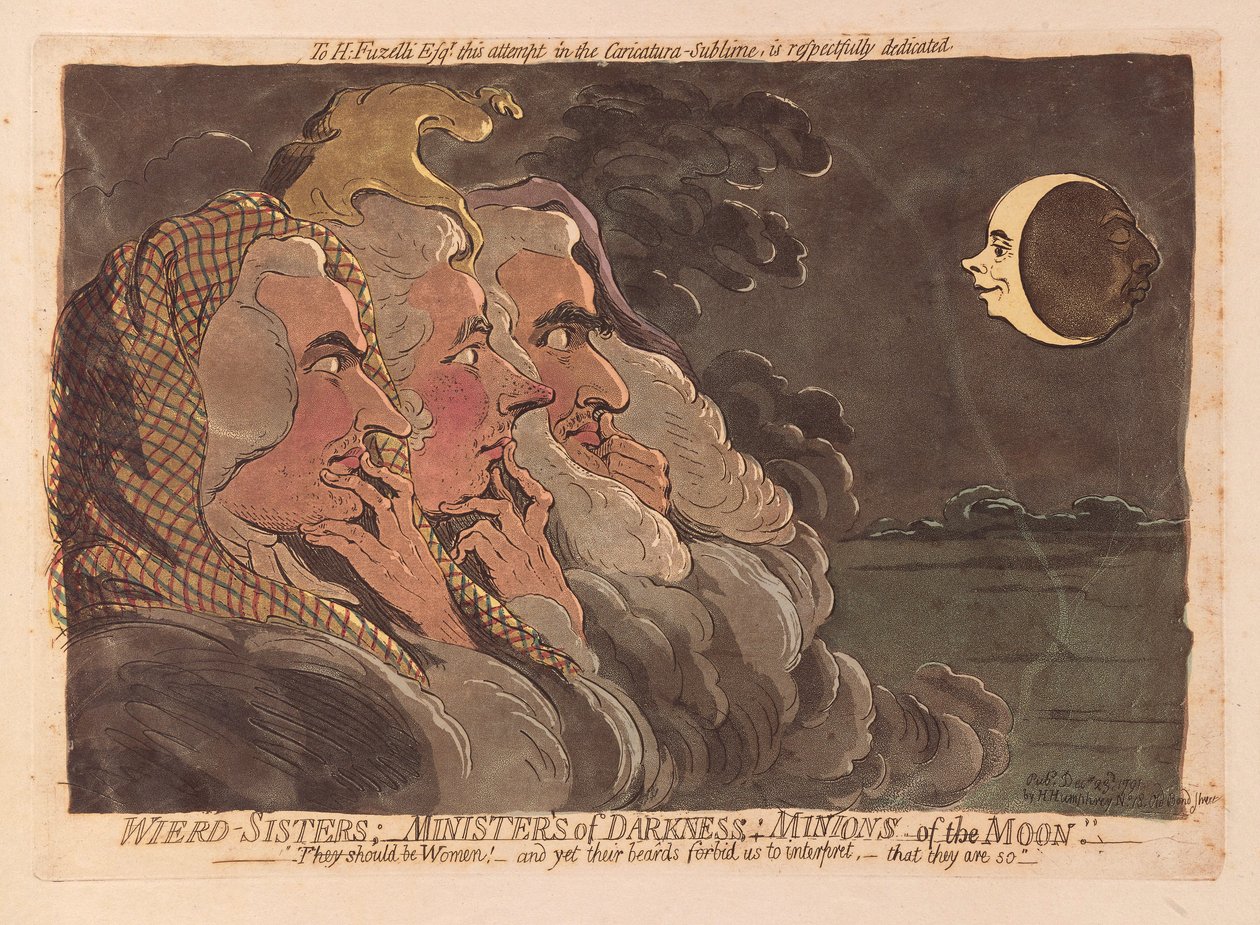 Weird Sisters: Ministers of Darkness: Minions of the Moon, pub. 1791 (håndfarget gravering) av James Gillray