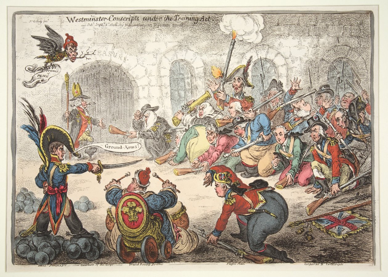 Westminster-vernepliktige under opplæringsloven, 1806 (håndfarget gravering) av James Gillray