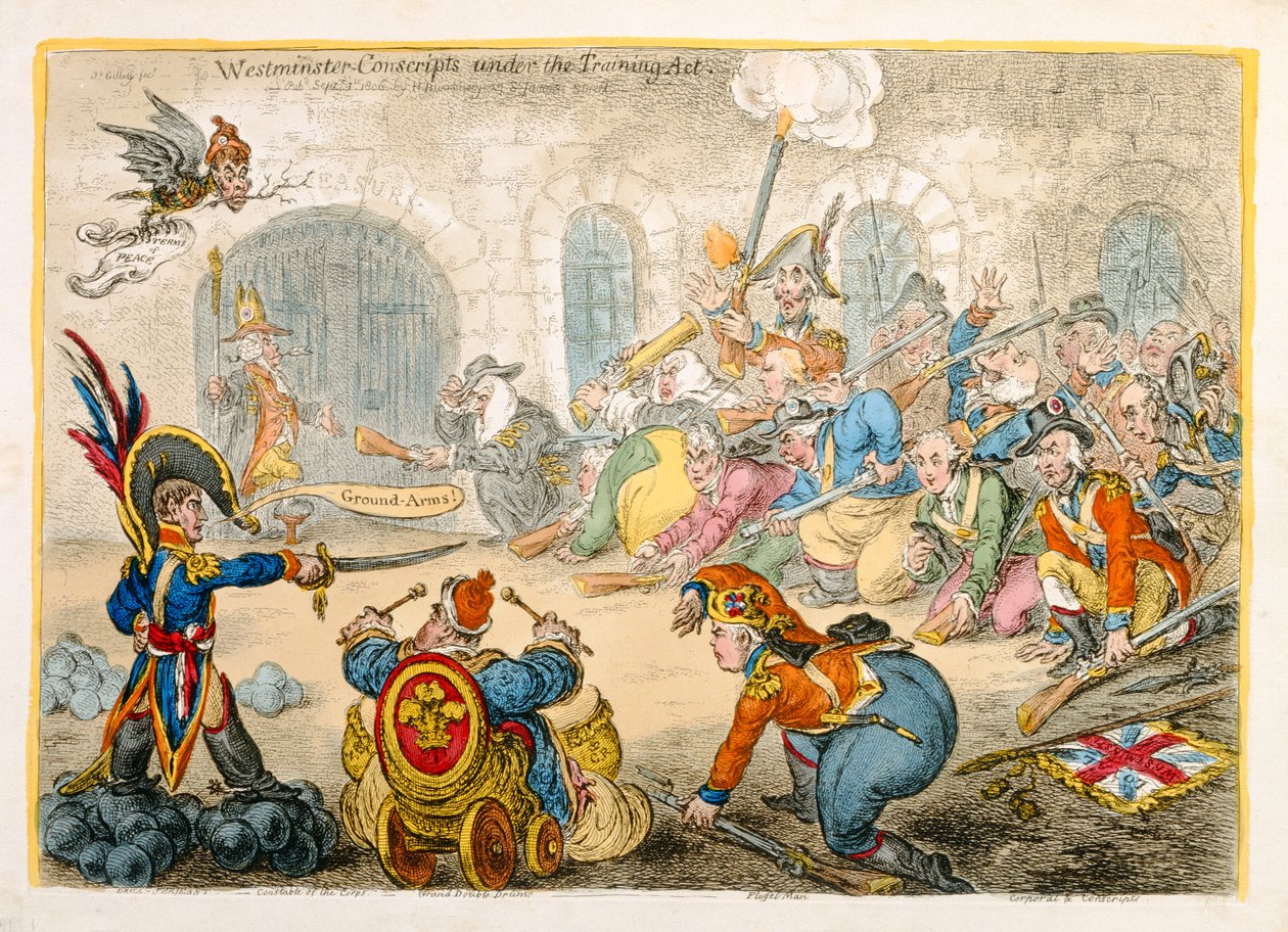 Westminster Conscripts under Training Act, utgitt av Hannah Humphrey i 1806 (håndfarget etsning) av James Gillray