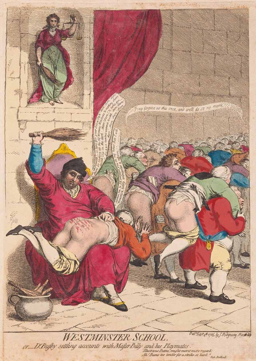 Westminster School eller Dr. Busby tar et oppgjør med mester Billy og lekekameratene hans, pub. 1785 (håndfarget gravering) av James Gillray