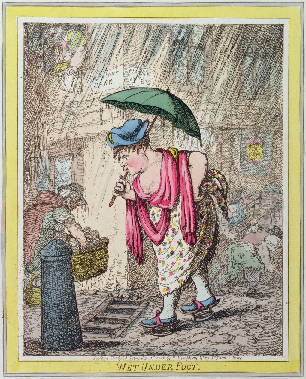 Wet Under Foot, utgitt av Hannah Humphrey i 1812 (håndfarget etsning) av James Gillray
