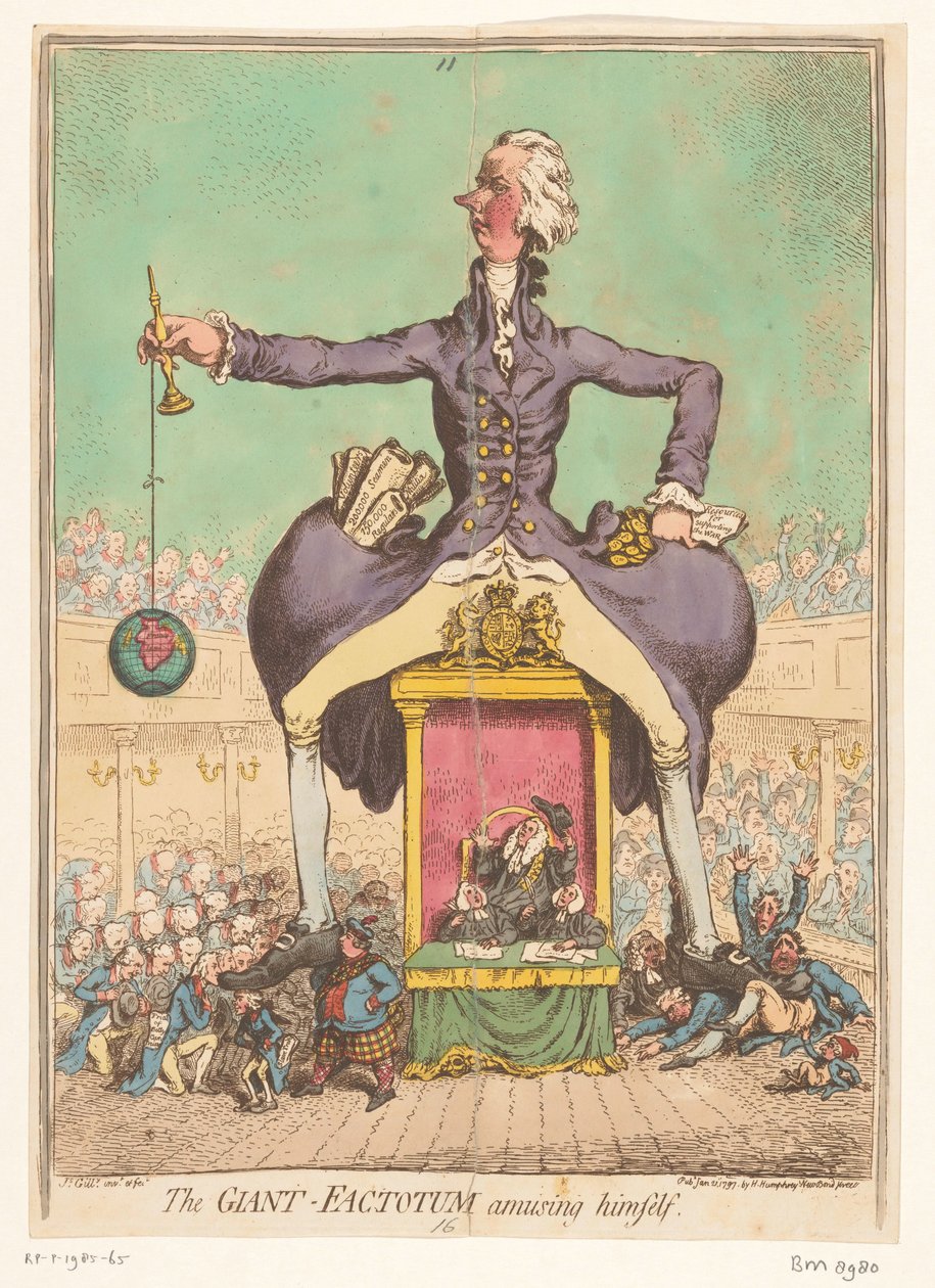 William Pitt spiller parlamentet, 1797 The Giant Factotum underholder seg selv av James Gillray