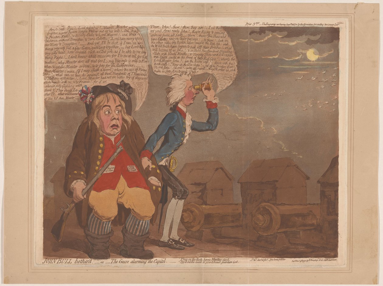 William Pitt og John Bull frykter en invasjon John Bull plaget:-eller-gjessene alarmerte Capitol (tittel på objekt) av James Gillray