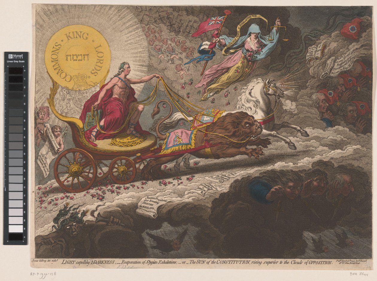 William Pitt verdrijft de duistere krachten, 1795 Lys som fordriver mørke, - fordampning av Stygian-ekspirasjoner,-eller- Konstitusjonens sol, som stiger over opposisjonens skyer (tittel på objekt) av James Gillray