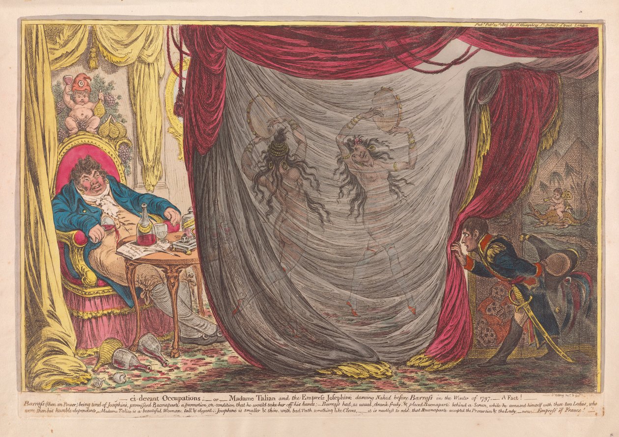 __ ci devant Occupations, eller Madam Talian og keiserinnen Josephine danser naken foran barrass vinteren 1797 - et faktum!, pub. 1805 (håndfarget gravering) av James Gillray