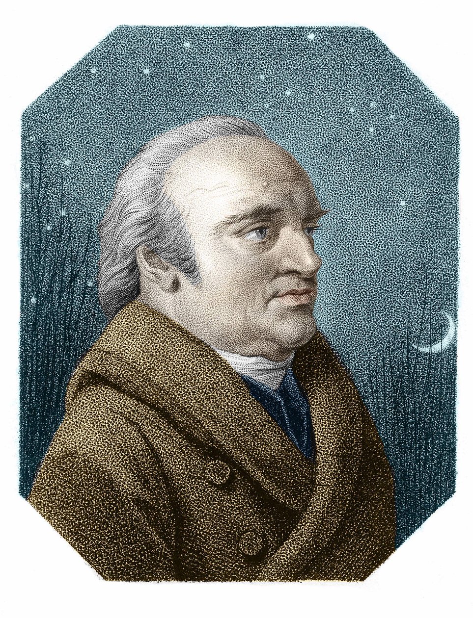 Portrett av William Herschel (1738 - 1822) på en stjernehimmel bakgrunn - fra en kobbergravering av James Godby av James Godby