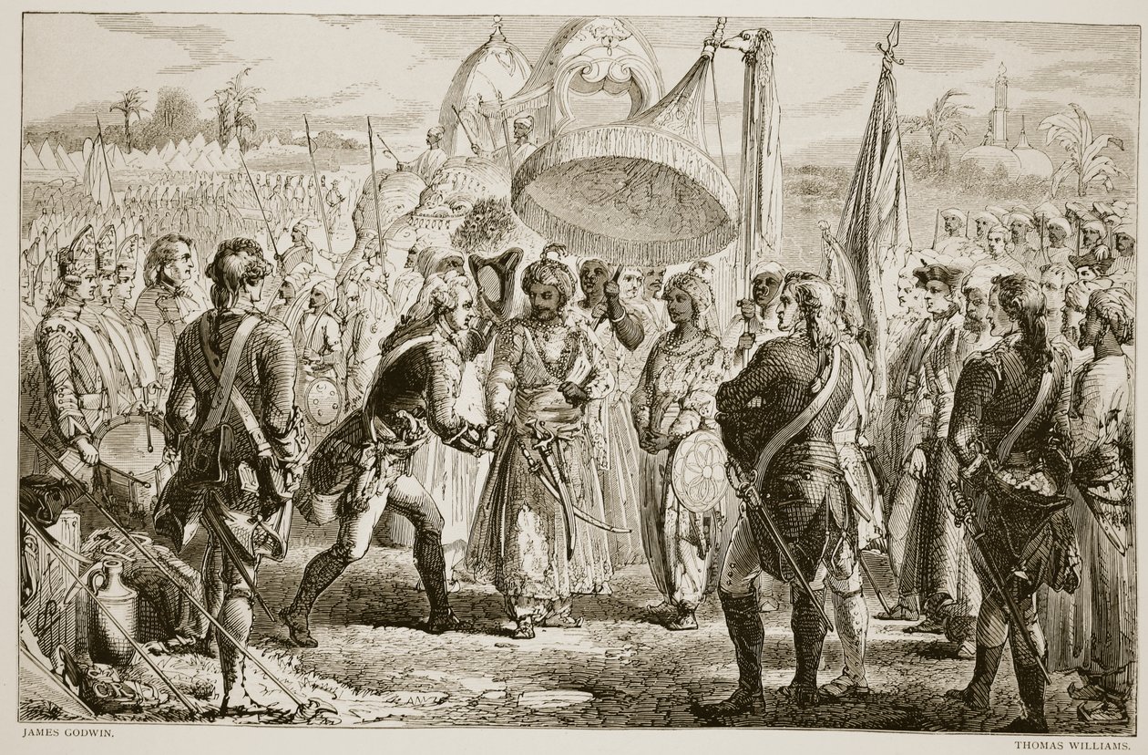 Møtet til Lord Clive med Meer Jaffier, etter slaget ved Plassey, gravert av Thomas Williams av James Godwin