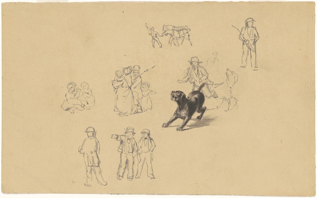 Bjeffende hund og studier for "Militia Training" av James Goodwyn Clonney