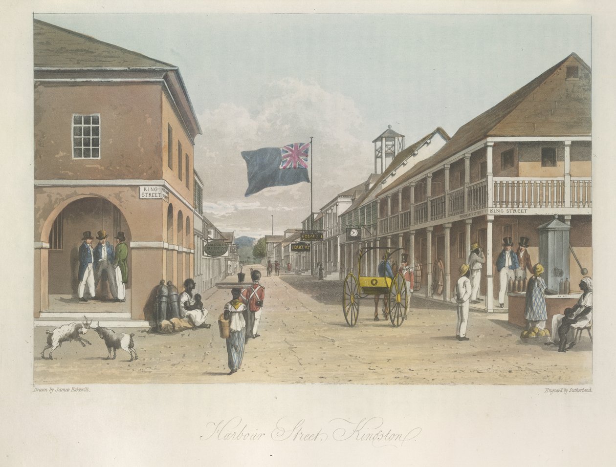 Utsikt over Harbour Street, Kingston (ser østover) fra En pittoresk tur på øya Jamaica, fra tegninger laget i årene 1820 og 1821. av James Hakewill