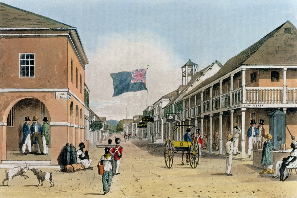 Utsikt over Harbour Street, Kingston, Jamaica, fra "A Picturesque Tour of the Island of Jamaica", gravert av Thomas Sutherland av James Hakewill