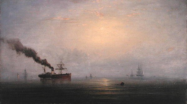 Tåket morgen på Themsen, ca. 1874 (olje på tre) av James Hamilton