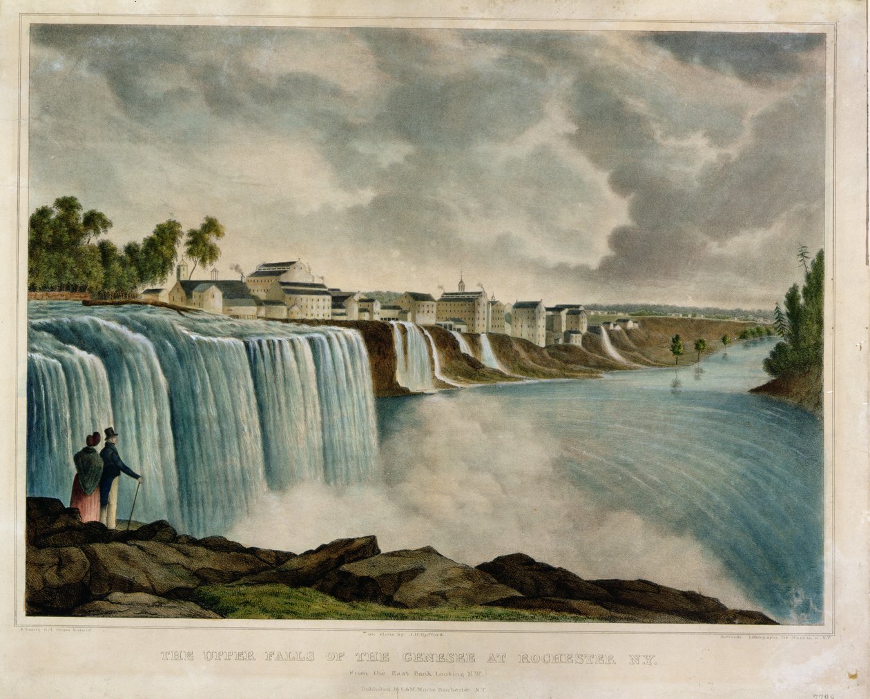The Upper Falls of the Genesee i Rochester, New York, gravert av J. Bufford (1810-70) (fargegravering) av James Harvey Young