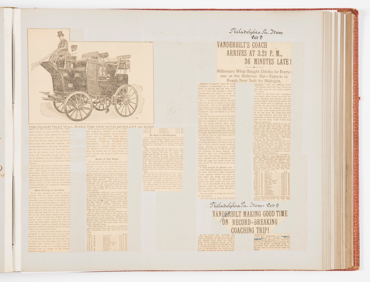 Jubileumsutklippsbok som dokumenterer 1901 Record Breaking Coach Race fra New York City til Philadelphia og tilbake igjen av James Hazen Hyde