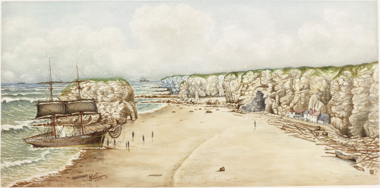 Brig på grunn ved Marsden Rock (akvarell, kroppsfarge og blyant på papir på kort)) av James Henry Cleet