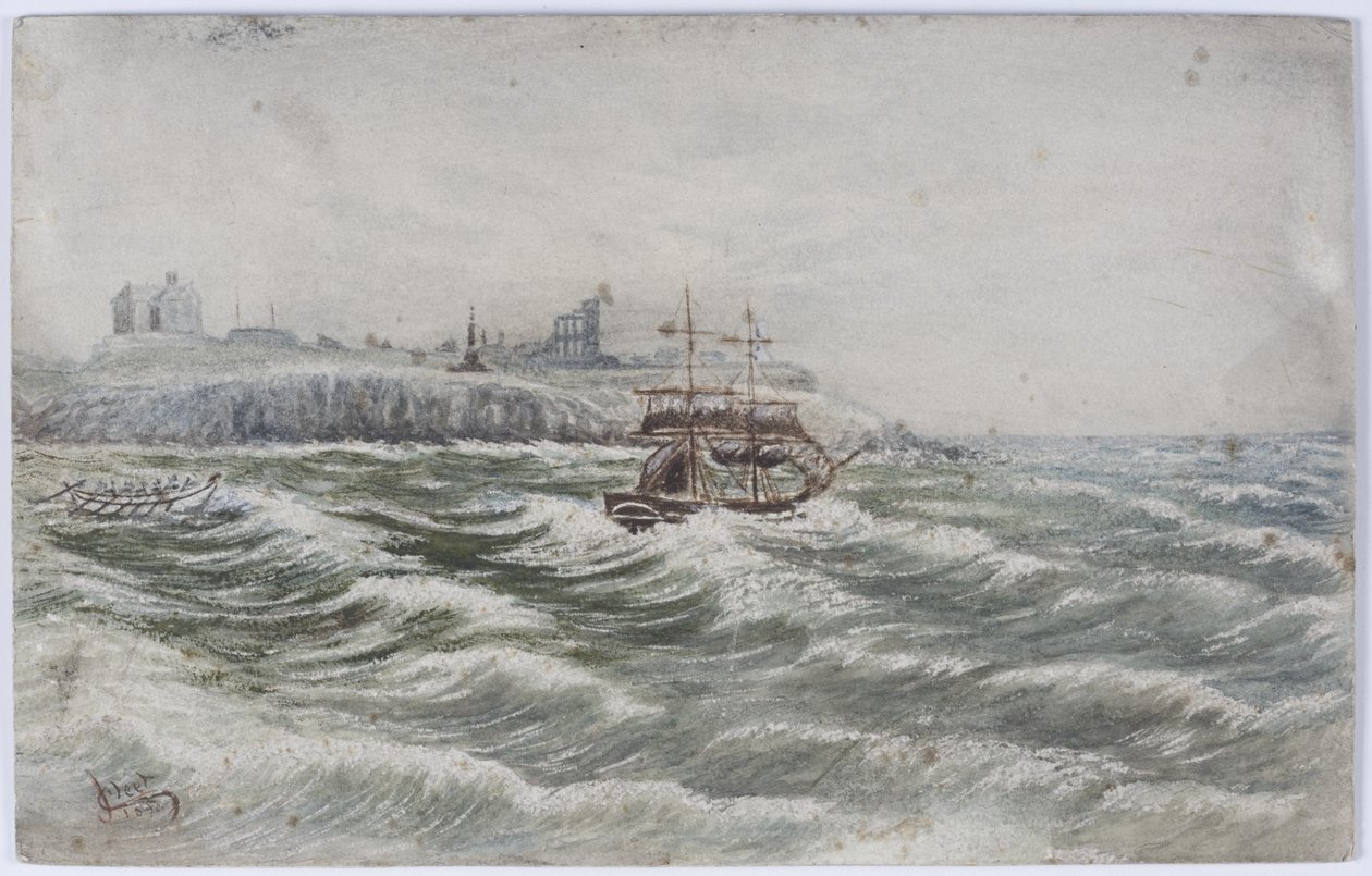 Stranding of the Belly of Littlehampton og Loss of the Life Boat Crew of the Tyne (akvarell, kroppsfarge og skraping ut på papir) av James Henry Cleet