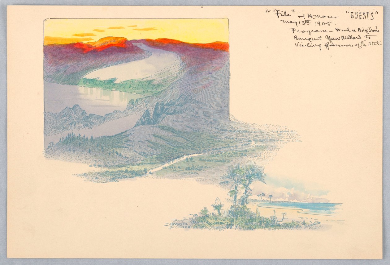 Three Landscapes, trykt prøvetrykk for design for Washington Board of Trade Dinner, 13. mai 1908 av James Henry Moser