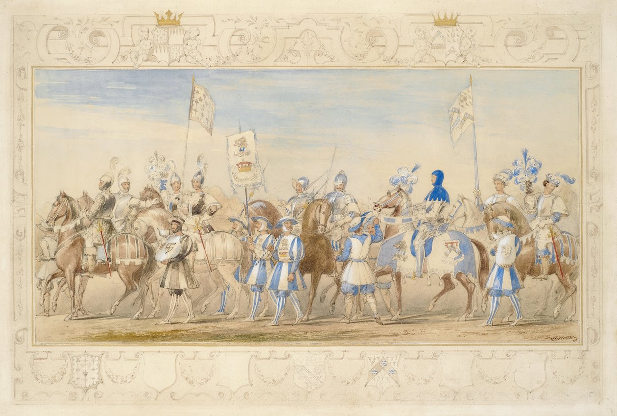 Fortsettelse av følget av Marquis of Waterford, Knight of the Dragon og Viscount Alford, Knight of the Black Lion, 1839 (blyant, wc, gouache og gullmaling på papir) (se også 366229) av James Henry Nixon