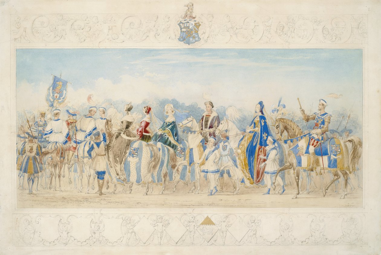 Sir Charles Montelieu Lamb, Knight Marshal of the Lists, 1939 (blyant, wc, gouache og gullmaling på papir) av James Henry Nixon