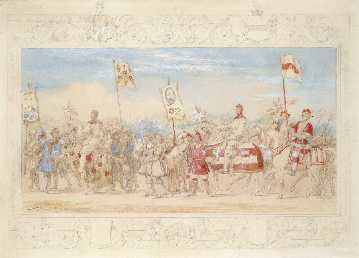 Sir Francis Hopkins Bt., Knight of the Burning Tower og Richard Lechmere, Knight of the Red Rose The Rose of Lancaster, 1839 (blyant, wc og gouache på papir) av James Henry Nixon