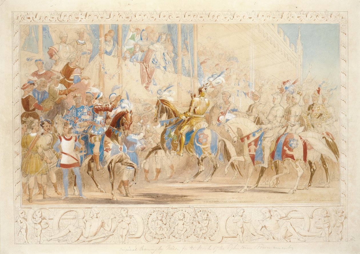 The Presentation of the Knight (blyant, wc og kroppsfarge på papir) av James Henry Nixon