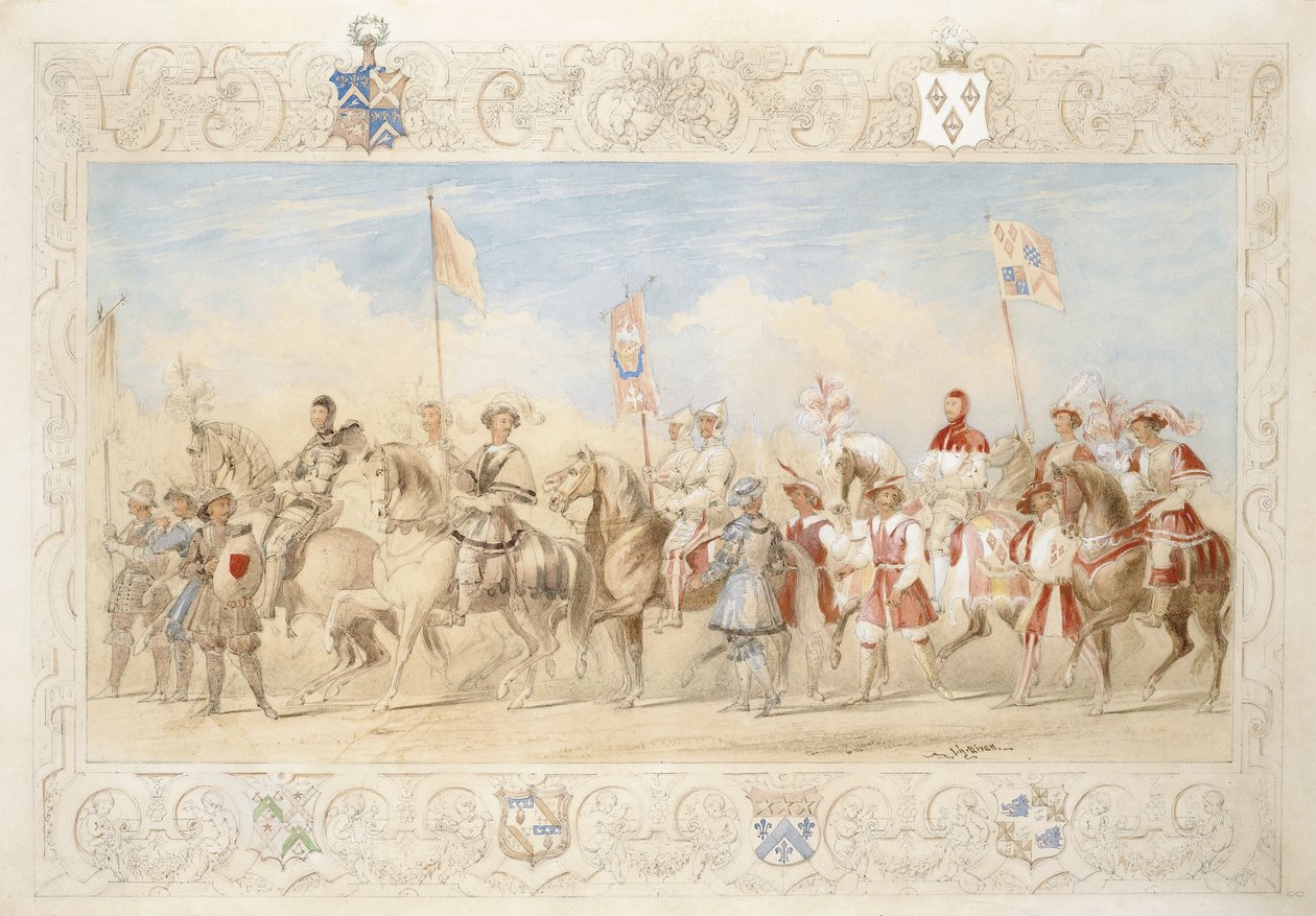 Walter Little Gilmour Esq., The Black Knight og Hon. Edward Stafford Jerningham, Ridder av Svanen, 1839 (blyant, wc og gouache på papir) av James Henry Nixon