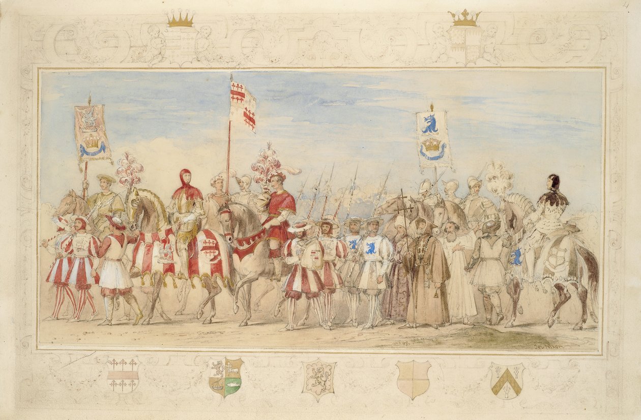 William Earl of Craven, Knight of the Griffin og Henry de la Poer Beresford, markis av Waterford, Knight of the Dragon, 1839 (blyant, wc, gouache og gullmaling på papir) (se også 366230) av James Henry Nixon