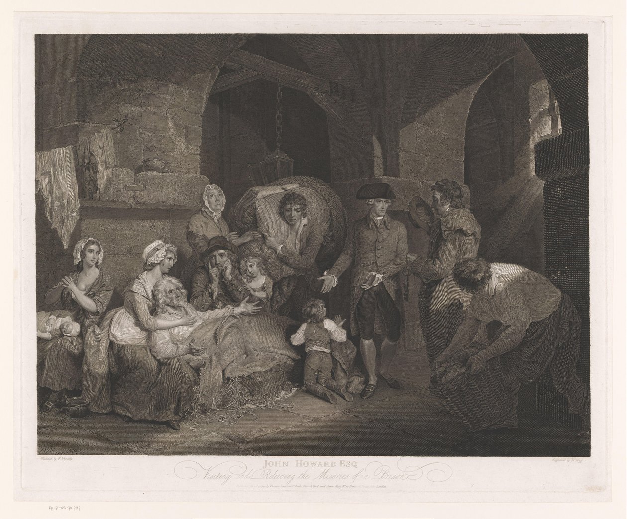 John Howard besøker en familie i fengsel John Howard Esq besøker og lindrer elendigheten i et fengsel (tittel på objekt) av James Hogg