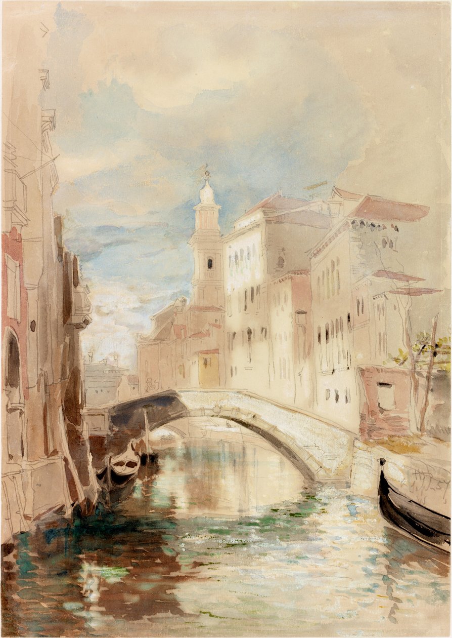 Bro over en kanal i Venezia (kroppsfarge på papir) av James Holland