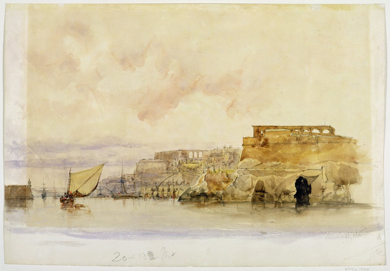 Kystscene med seilbåter (akvarell, kroppsfarge over grafitt på papir) av James Holland