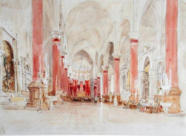 Interiør i kirken San Giovanni e Paolo, Venezia (wc over grafitt på papir) av James Holland