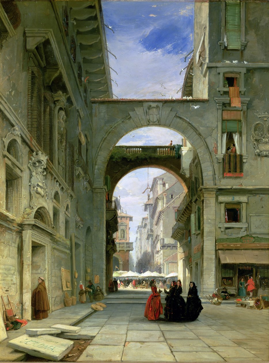 Piazza dei Signori i Verona med markedsplassen, 1844 av James Holland