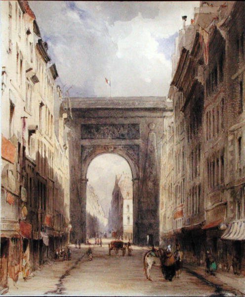 Rue Vivienne og Porte St. Denis, Paris, ca. 1830 (akvarell på papir) av James Holland