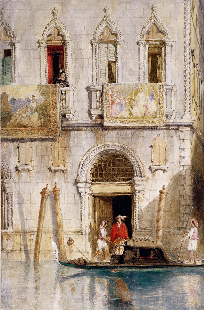 The Steps of the Palazzo Foscari, Venezia, 1844 (blyant, blekk, gouache og wc på papir) av James Holland