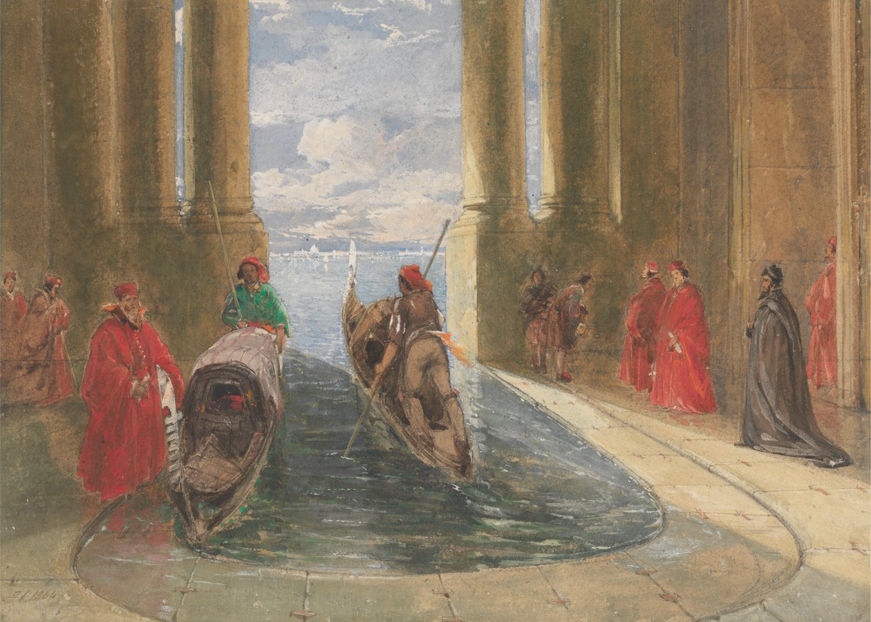 Venetianske dignitærer går ombord på gondoler av James Holland